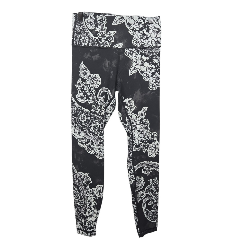 Lululemon Wunder Under High Rise Leggings Tights Black Silver Print Womens 6